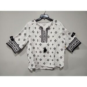 John Mark NWT Linen Blouse Womens PXL Black/White Geometric Print 1/2 Sleeve